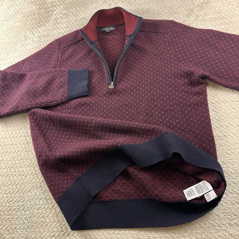 Brooks Brothers Men's‎ XL Nordic Wool Sweater half zip Burgundy navy Cabin Cozy